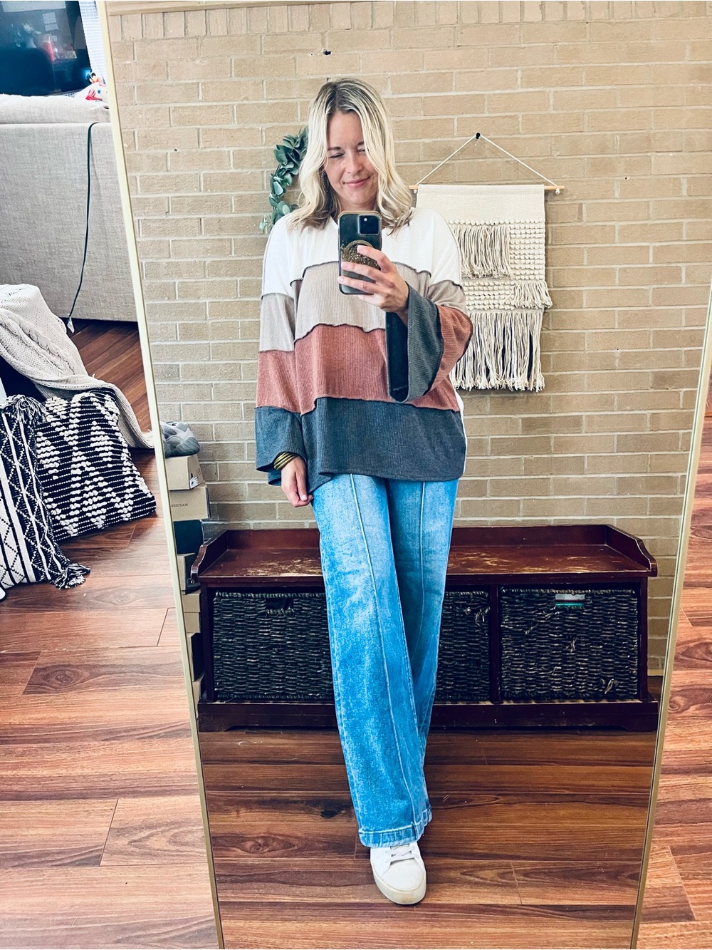 BiBi Colorblock V-Neck Long Sleeve Top — White, Taupe, Rust, Charcoal